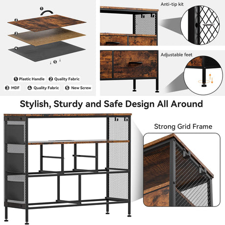 YILQQPER Dresser for Bedroom TV Stand with Power Outlets and LED Light, 6 Drawers Dresser with Side Pockets & Hooks, Wide Dresser with Shelves for 45" TV, Fabric Chest of Drawers, Rustic Brown YILQQPER
