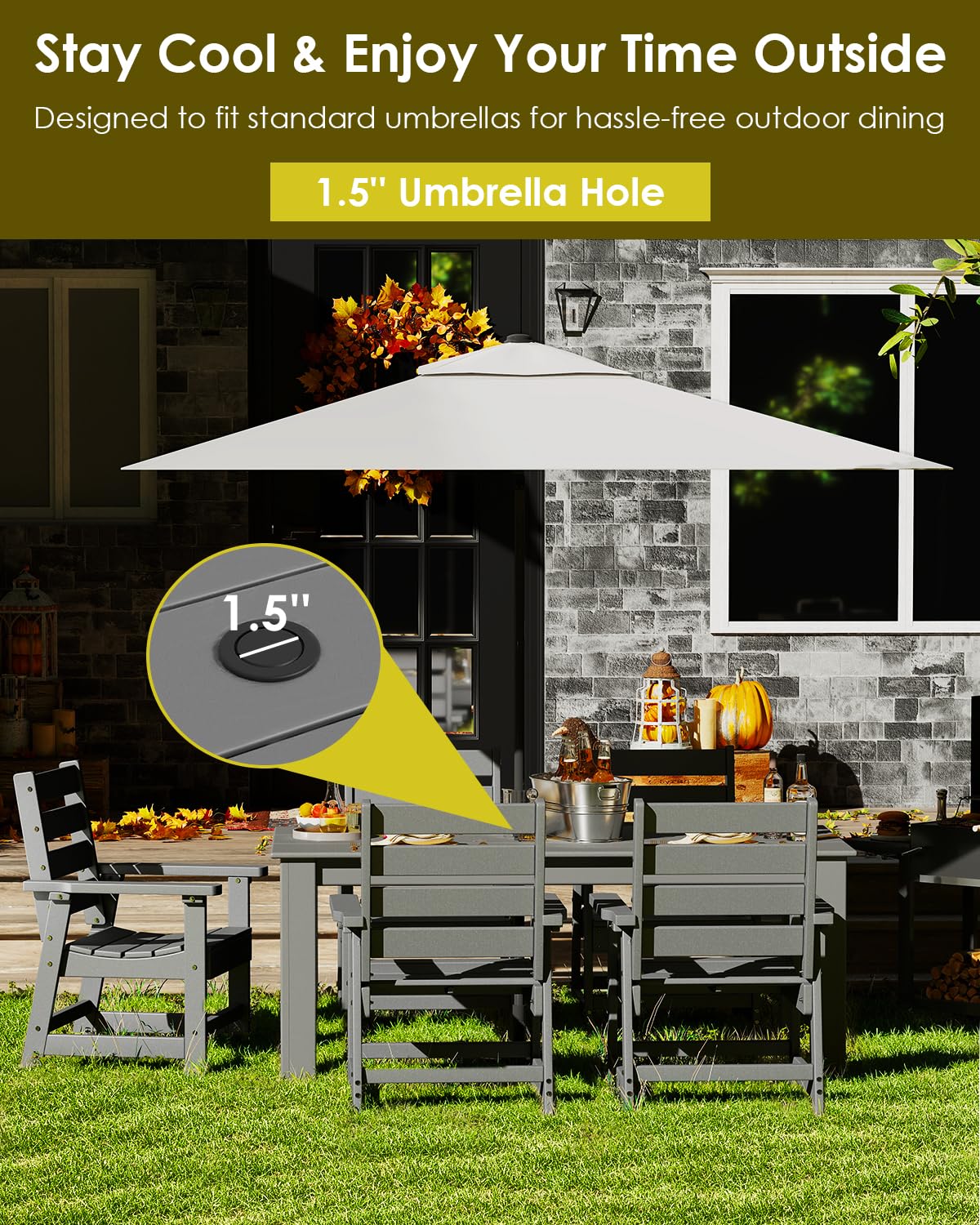 GREENVINES 5-Piece Patio-Dining-Set | HDPE Plastic | Outdoor Table and Chairs Sets for 4 | Patio Furniture | All Weather | Umbrella Hole | for Backyard Poolside Garden | Grey GREENVINES