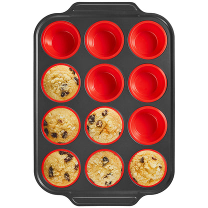 BRONYPRO Silicone Muffin Pan with Metal Frame, Egg Bite Molds for Baking, Cupcake Pans 12 Regular Size, Muffin Tins Easy to Pop Nonstick Non Toxic Bakeware for Oven, Red