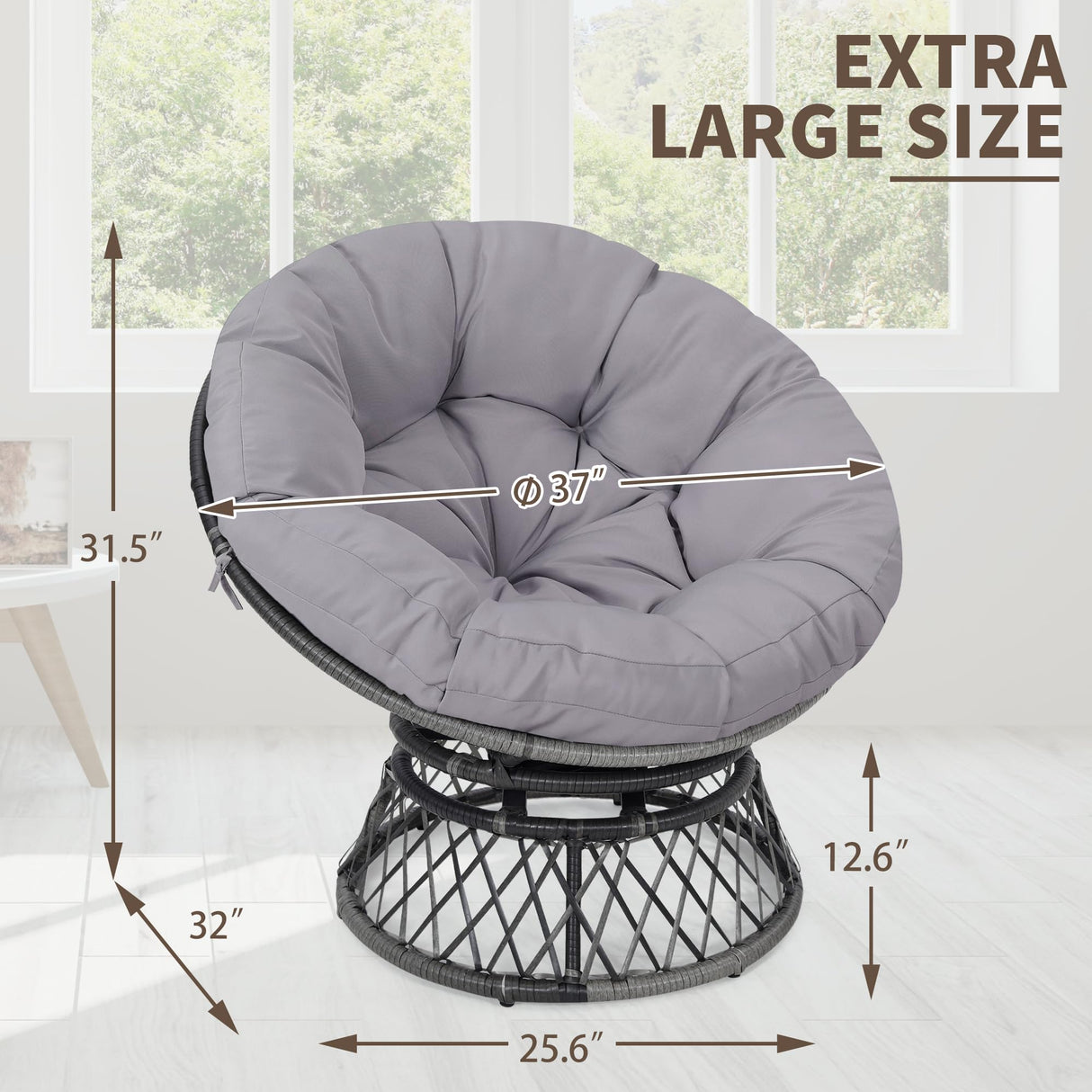 KROFEM 39" Wicker Papasan Circle Chair, 360° Swivel Living Room Chair, Indoor Outdoor Rattan Chair with Thick Cushion, Ideal for Teenagers, Kids, Grey Frame with Light Grey Cushion KROFEM