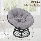 KROFEM 39" Wicker Papasan Circle Chair, 360° Swivel Living Room Chair, Indoor Outdoor Rattan Chair with Thick Cushion, Ideal for Teenagers, Kids, Grey Frame with Light Grey Cushion KROFEM