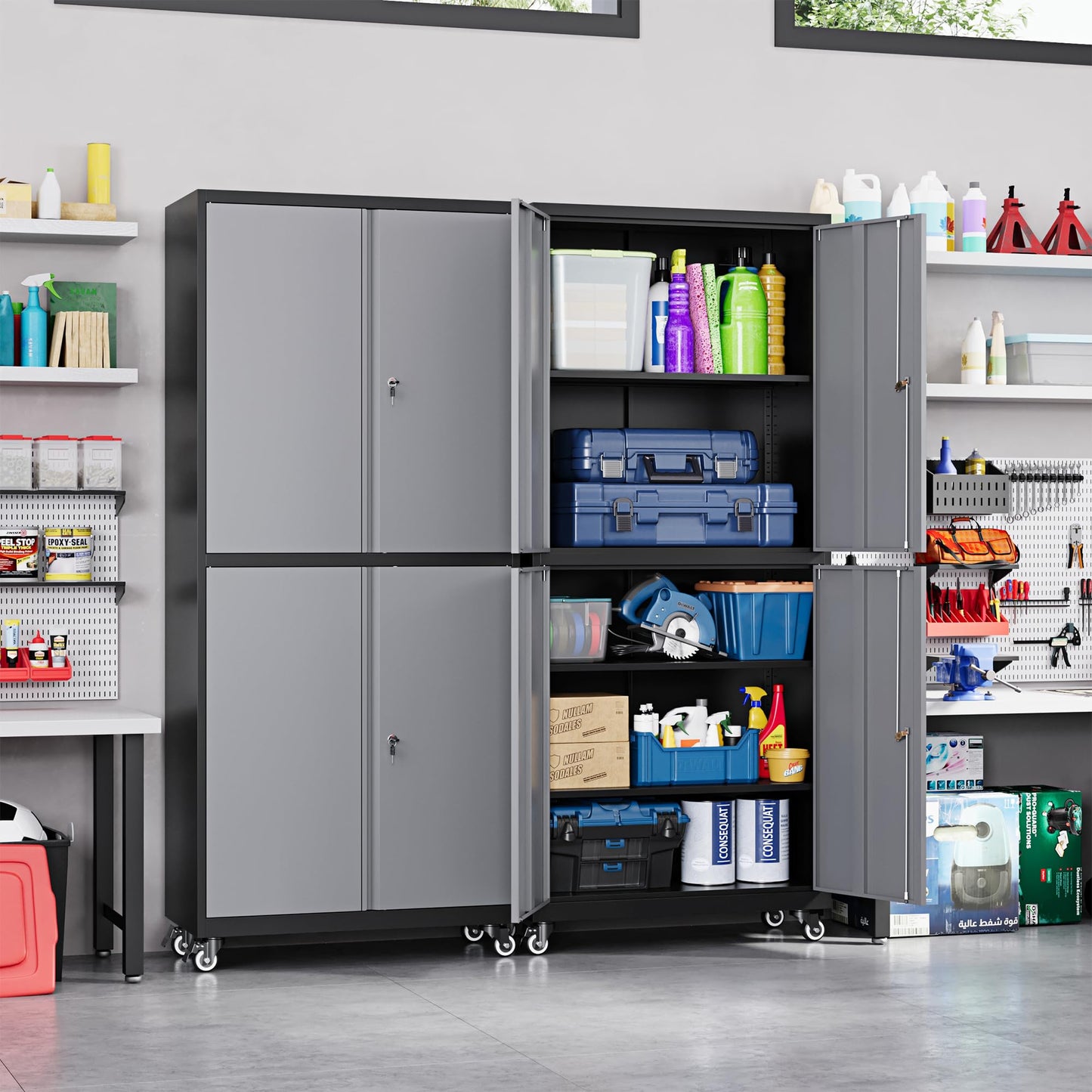 Yizosh Metal Garage Storage Cabinet with Locking Doors and Adjustable Shelves, Rolling Tool Storage Cabinet with 4 Wheels, 73" Steel Locking Cabinet for Garage, Warehouse (Black Grey - WoodArtSupply