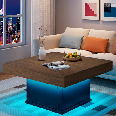 LED Coffee Tables for Living Room, 33.5" Square Center Table with Storage & Hidden Shelf, Large Modern Coffee Table Desk with RGB Lights, Living Room Tables Cocktail Table, Plug-in Use (Vintage Brown)