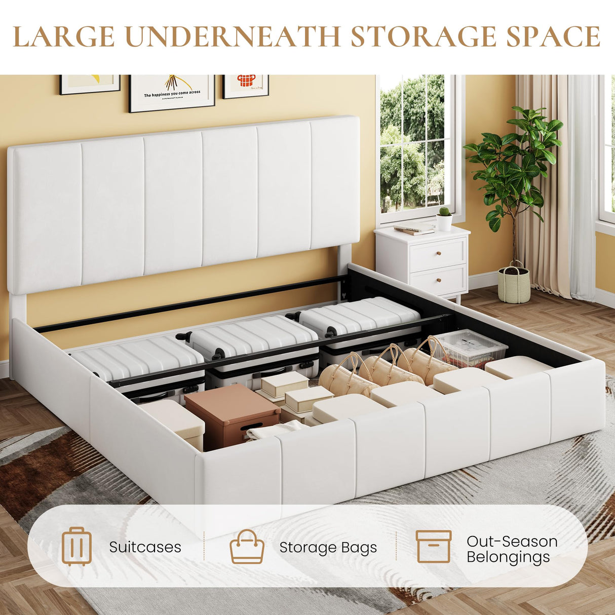 SHA CERLIN King Size Lift Up Storage Bed Frame, Adjustable Headboard, Hydraulic Support, Velvet Upholstered, Easy Installation, No Box Spring Needed, White SHA CERLIN