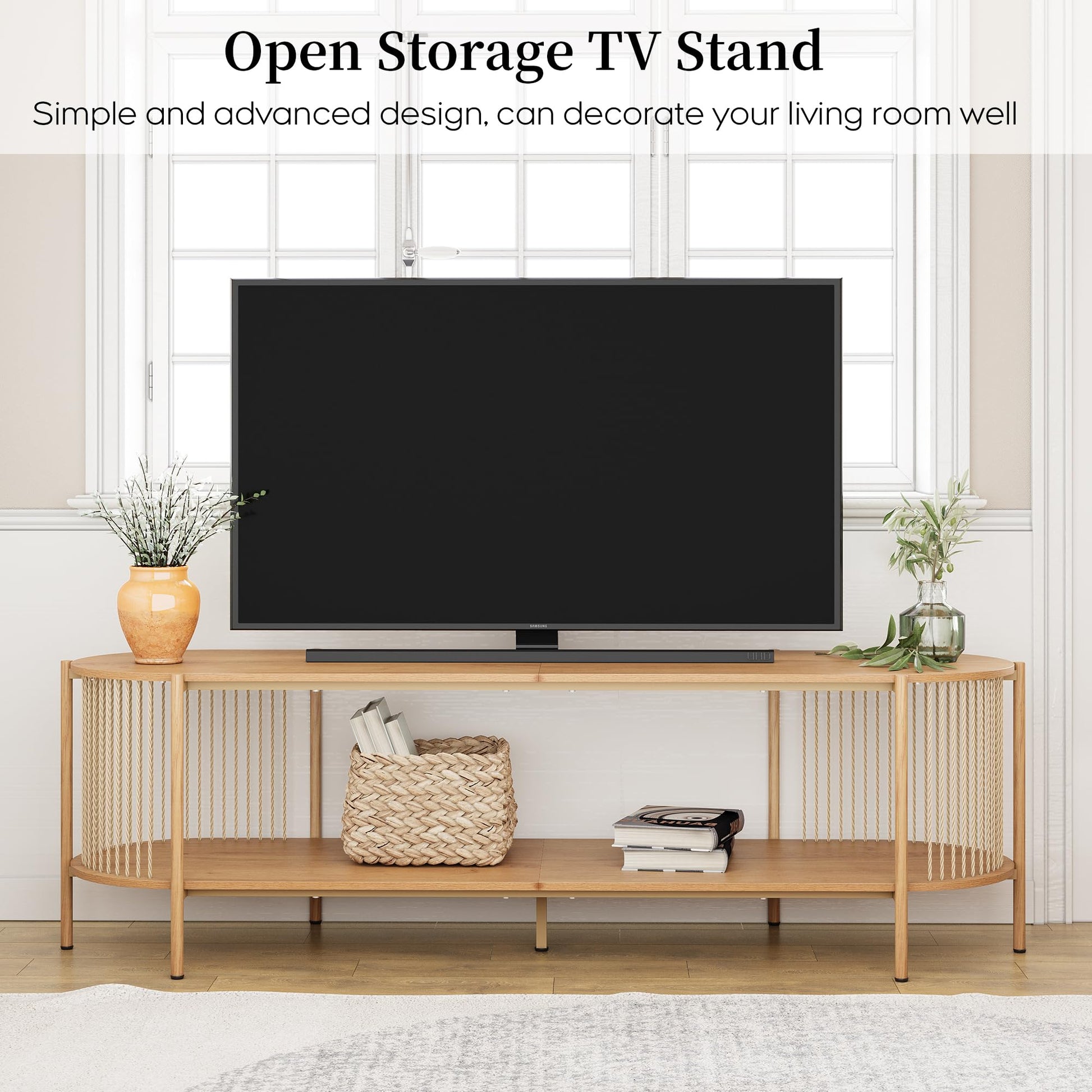 Brafab Oval Boho TV Console with Hand-woven Ropes, Mid-Century Modern TV Stand for up to 65" with Storage Shelf and Sturdy Steel Leg, Natural Wooden Entertainment Center for Living Room - WoodArtSupply