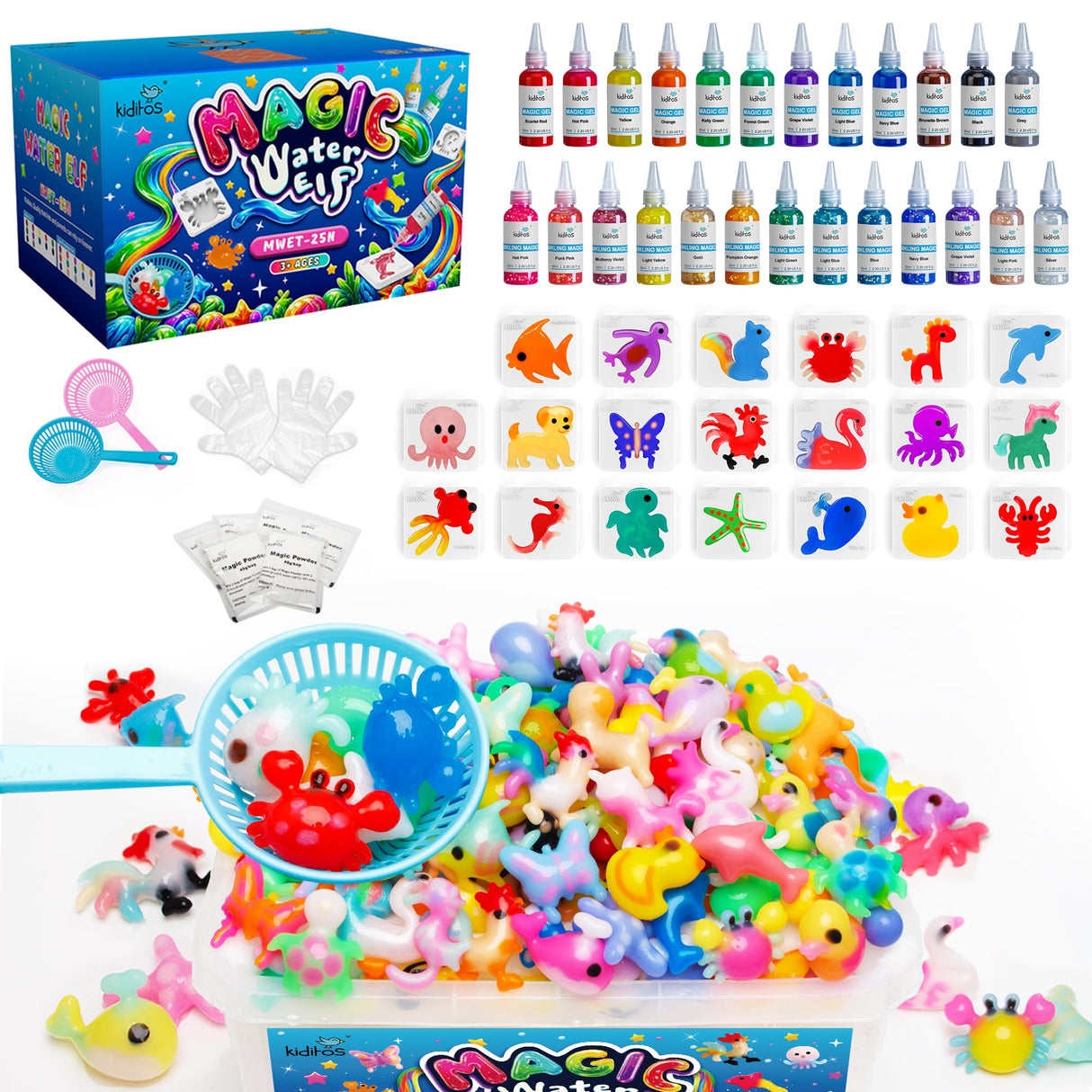 Kiditos Magic Water Elf Toy Kit, Aqua Fairy Water Gel Kit-25 Magic Gesl&20 Molds–Make Your Own Water Pets & Squishy Toys–Fun Summer DIY Craft Kit, Birthday Gifts & Party Favors for Kids Ages 3+ Kiditos