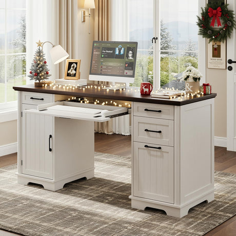 56" Farmhouse Executive Desk with File Drawer, Large Modern Computer Desk with Charging Station, Wood Home Office Desks with Storage, Adjustable Shelf, for Study Work Writing Living Room (White) ONBRILL
