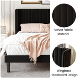 SHA CERLIN King Size Velvet Bed Frame with Vertical Channel Tufted Wingback Headboard, Upholstered Platform Bed with Wood Slats, No Box Spring Needed, Easy Assembly, Black SHA CERLIN