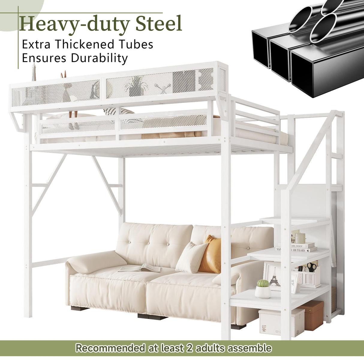 Mirightone Twin Size Loft Bed with Stairs and Storage, Metal Loft Bed Frame with A Shelf and Large Under-Bed Space, Heavy-Duty Loft Beds for Kids Boys Girls Teens, White Mirightone