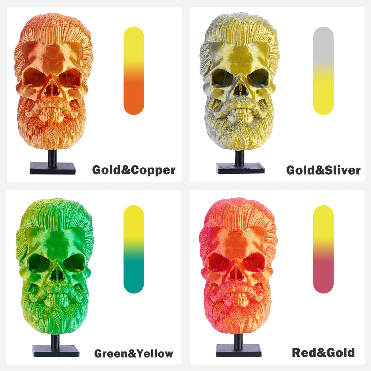 ERYONE Silk Dual Color Filament PLA 3D Printer 1.75mm +/- 0.03mm, Silk Coextrusion PLA Shiny Filament 0.25kg/Spools,4Pack(2.2lbs), Glod&Copper, Gold&Silver, Red&Glod, Yellow&Green ERYONE