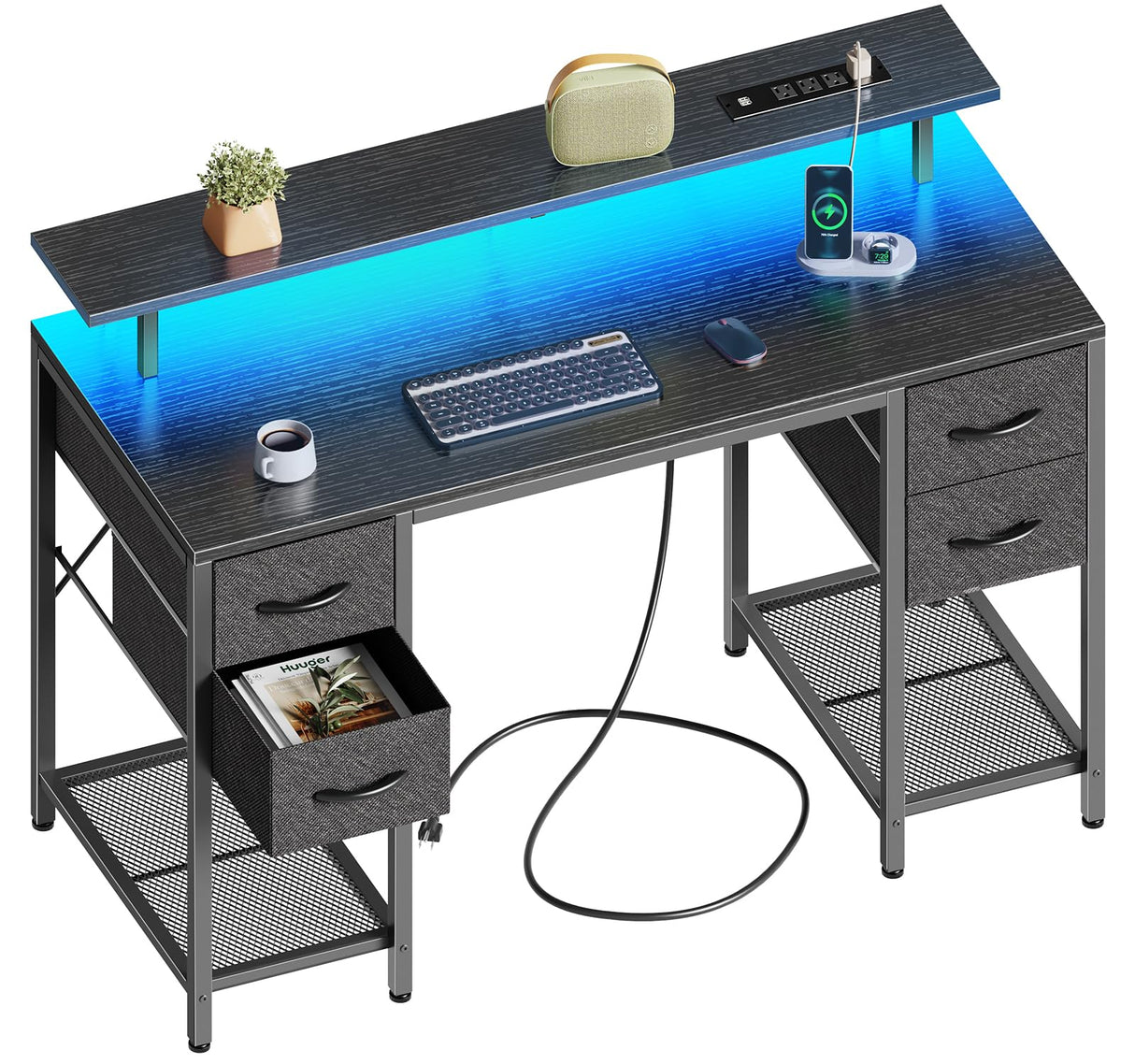 Huuger 47 inch Computer Desk with 4 Drawers, Gaming Desk with LED Lights & Power Outlets, Home Office Desk with Large Storage Space for Bedroom, Work from Home, Black Huuger