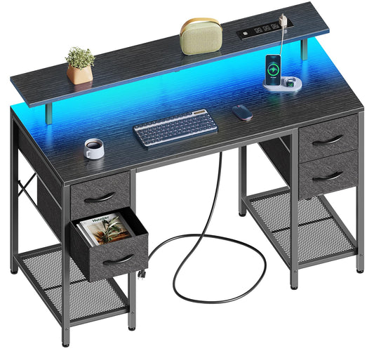 Huuger 47 inch Computer Desk with 4 Drawers, Gaming Desk with LED Lights & Power Outlets, Home Office Desk with Large Storage Space for Bedroom, Work from Home, Black - WoodArtSupply