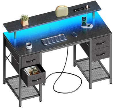 Huuger 47 inch Computer Desk with 4 Drawers, Gaming Desk with LED Lights & Power Outlets, Home Office Desk with Large Storage Space for Bedroom, Work from Home, Black