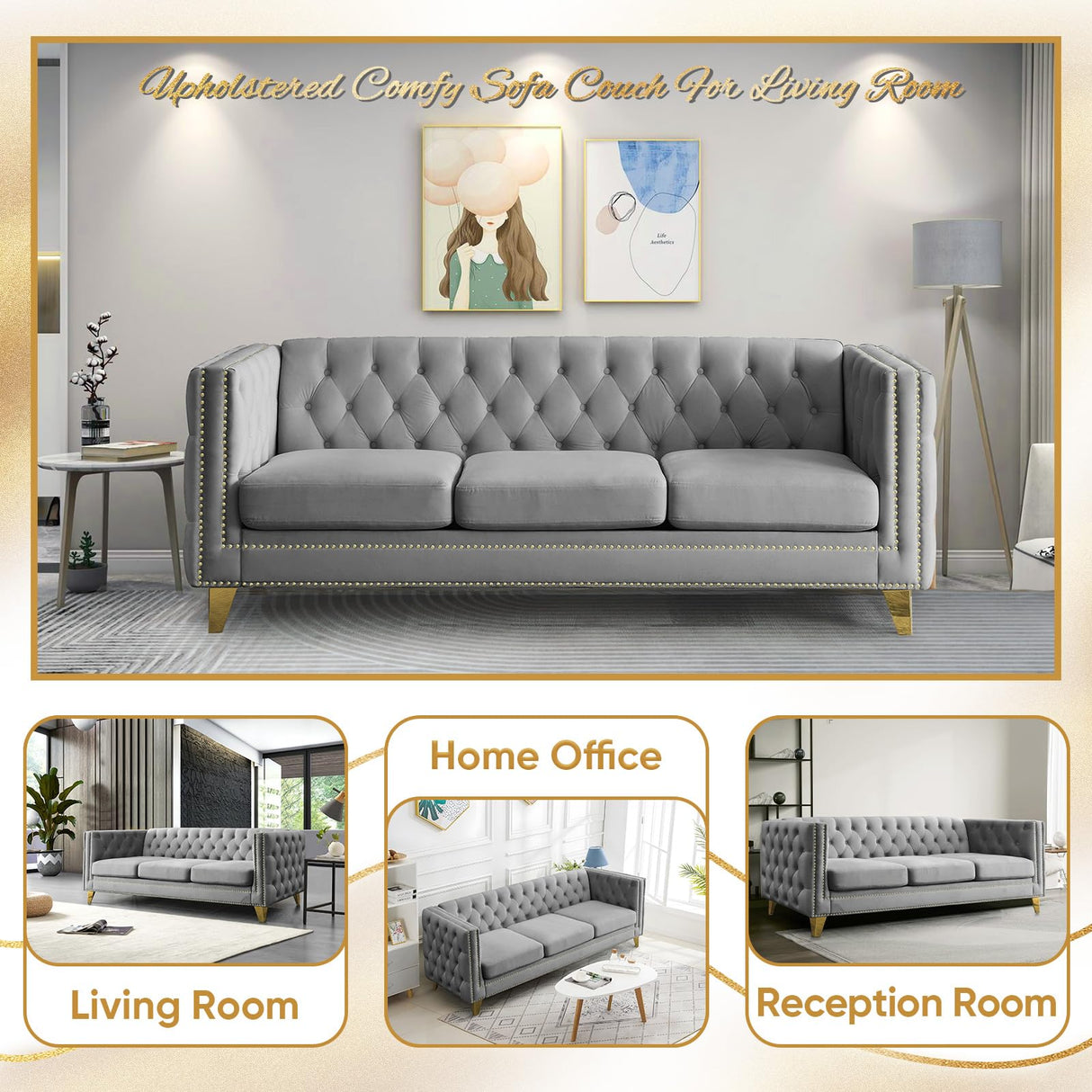 Velvet 3 Seater Sofa Couch, Comfy Couches for Living Room, Modern Sofa with Tufted Back and Rivet Decoration, Upholstered Long Couch with Solid Golden Metal Tapered Legs, Grey KINFFICT