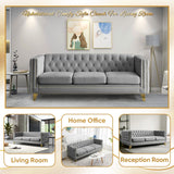 Velvet 3 Seater Sofa Couch, Comfy Couches for Living Room, Modern Sofa with Tufted Back and Rivet Decoration, Upholstered Long Couch with Solid Golden Metal Tapered Legs, Grey KINFFICT