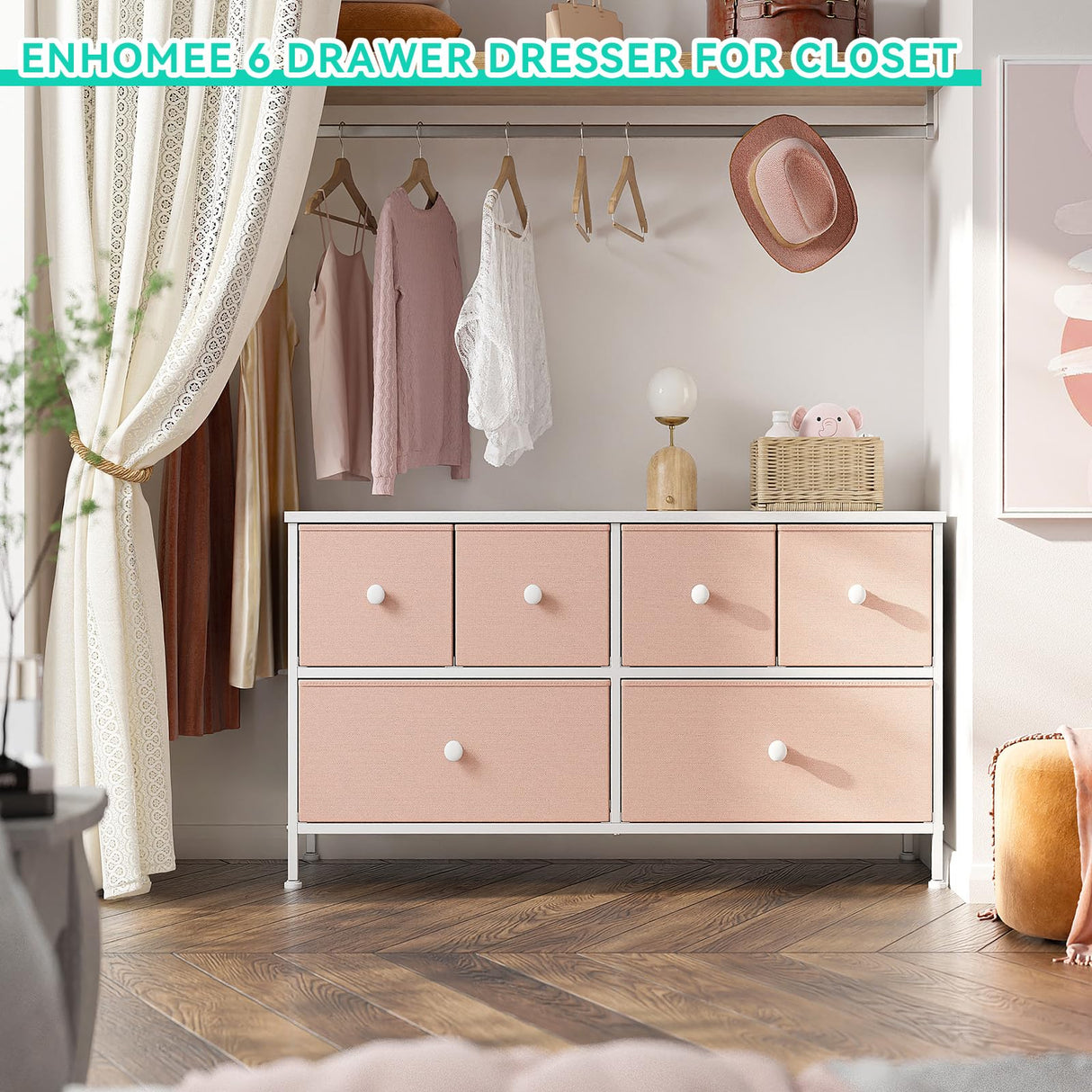 EnHomee Pink Dresser for Bedroom with 6 Drawers, Wide Dressers & Chests of Drawers, Fabric Dresser, TV Stand for Bedroom, Closet, Hallway, Pink EnHomee
