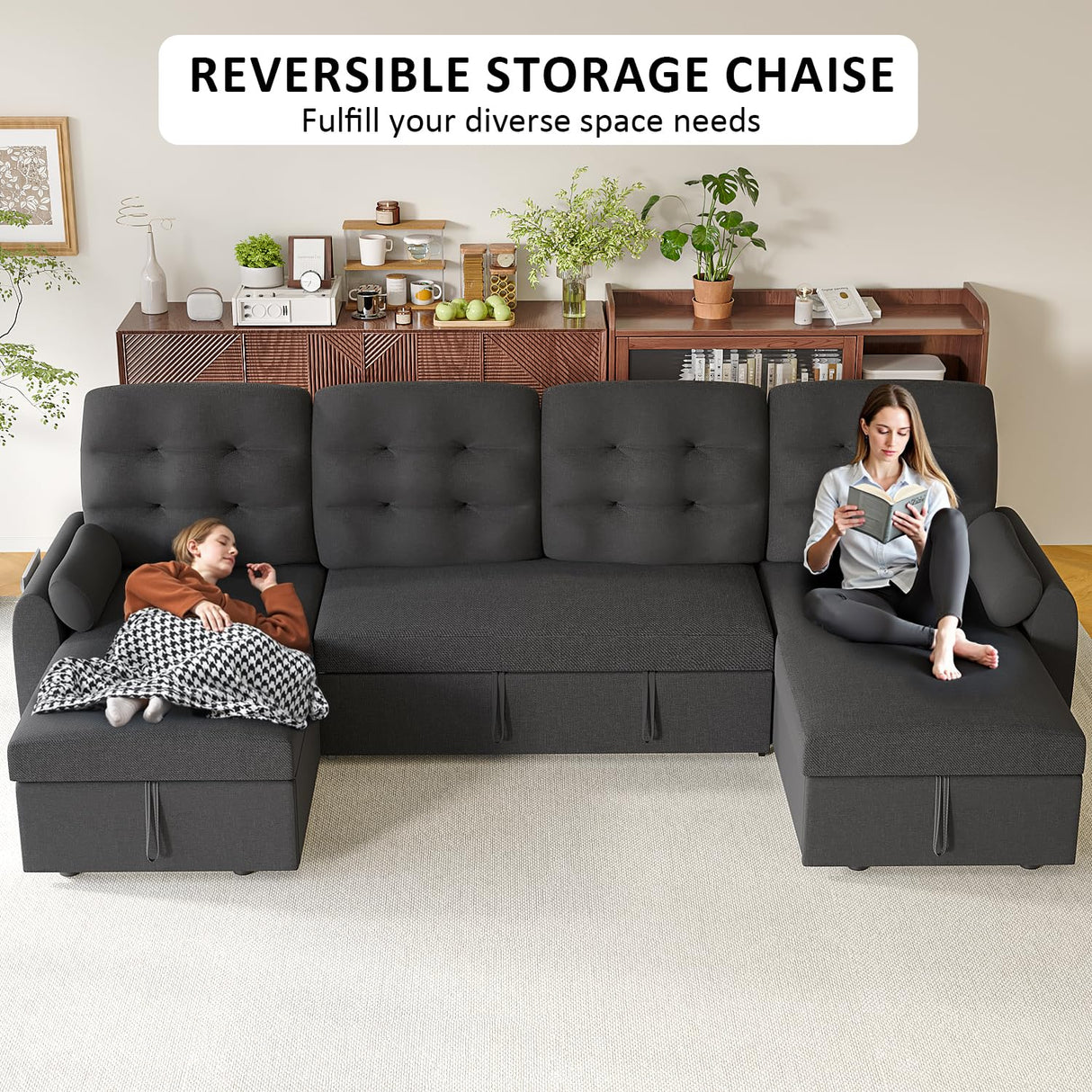 Ucloveria Sleeper Sofa Bed, 112" U-Shaped Sectional Sofa Couches for Living Room, Pull Out Couch Bed with Dual Reversible Storage Chaise | USB Ports | Side Pockets | Removable Backrest Ucloveria