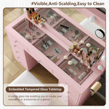 FUSOU Vanity Desk with Power Outlet, Makeup Vanity with Mirror and 12 LED Lights, 3 Lighting Modes, 11 Drawers Vanity Table with Chair, Glass Top, Vanity Set for Bedroom, Pink FUSOU