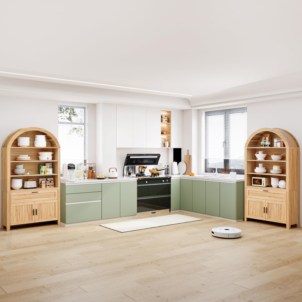 Turtle&Myrtle 73" H Large Arched Bookshelf，5-Tier Arch Bookcase with Doors，Mid Century Modern Book Shelf with Drawers，Wood Bookshelf w/Open Display Shelves for Living Room, Office (Natural) Turtle&Myrtle