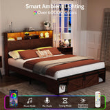 Farmhouse Queen Bed Frame with Bookcase Storage Headboard, Charging Station and LED Lights, Wood Bed Frame Queen Size with Sliding Barn Door Storage, Noiseless, No Box Spring Needed, Reddish Brown Dolonm