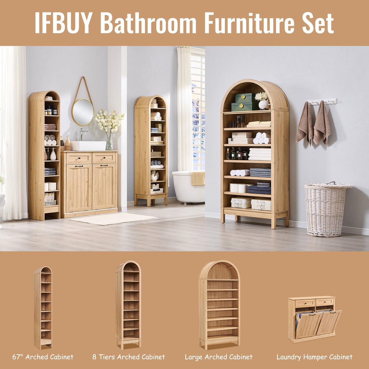 IFBUY 71" Tall Arched Bathroom Storage Cabinet, 7-Tier Modern Farmhouse Storage Cabinet with Adjustable Shelves, Wood Freestanding Cabinet for Bathroom, Living Room, Entryway, Hallway (Natural) IFBUY