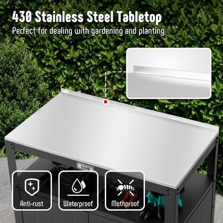Feasto Garden Potting Bench with Storage Cabinet,Outdoor Gardening Table & Work Bench for Plants, Horticulture,Outdoor Workstation with Stainless Steel Tabletop,Outdoor Work Table Feasto