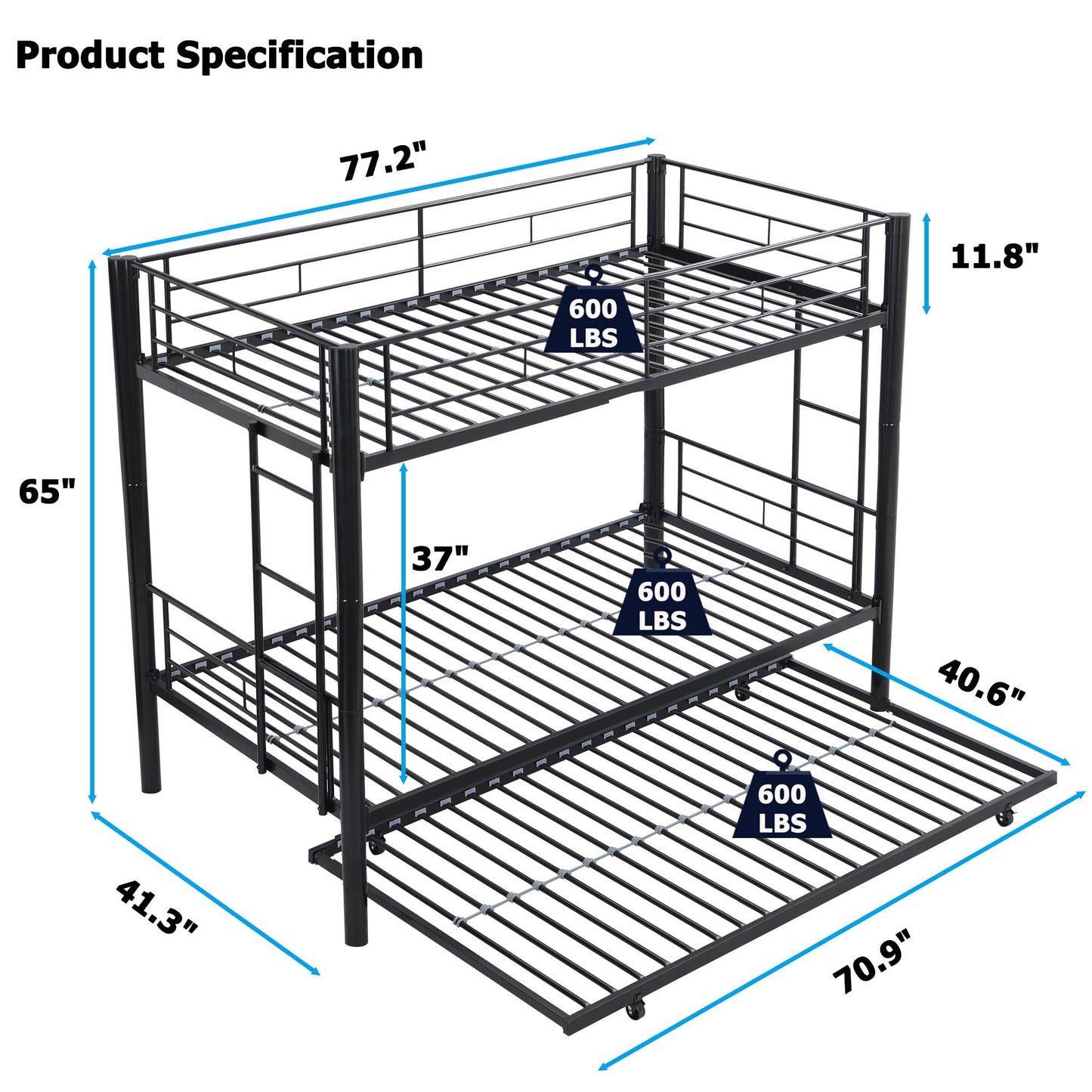 ZMIZAKOY Heavy Duty Metal Twin Over Twin Bunk Bed with Trundle & Sturdy Guard Rail & 2 Side Ladders (Black)