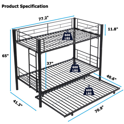 ZMIZAKOY Heavy Duty Metal Twin Over Twin Bunk Bed with Trundle & Sturdy Guard Rail & 2 Side Ladders (Black)