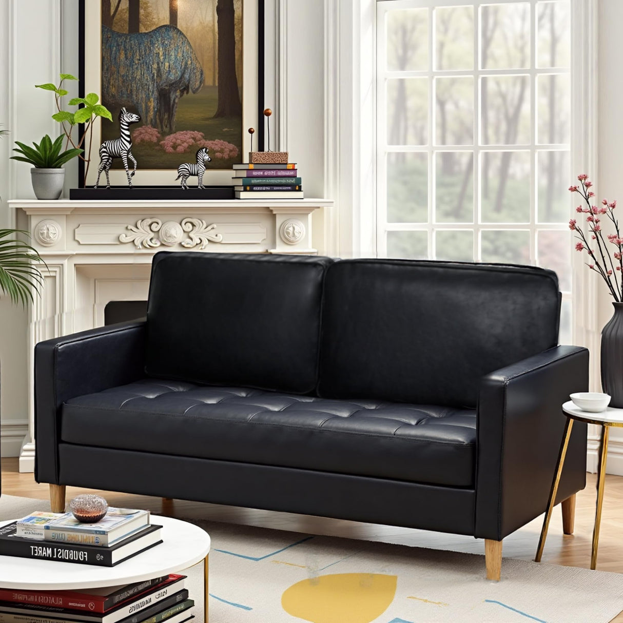 AILEEKISS 57'' Mid-Century Loveseat Faux Leather Sofa Couch with Armrest for Two People Modern 2 Seat Sofa for Living Room (2-Seater, Black) AILEEKISS