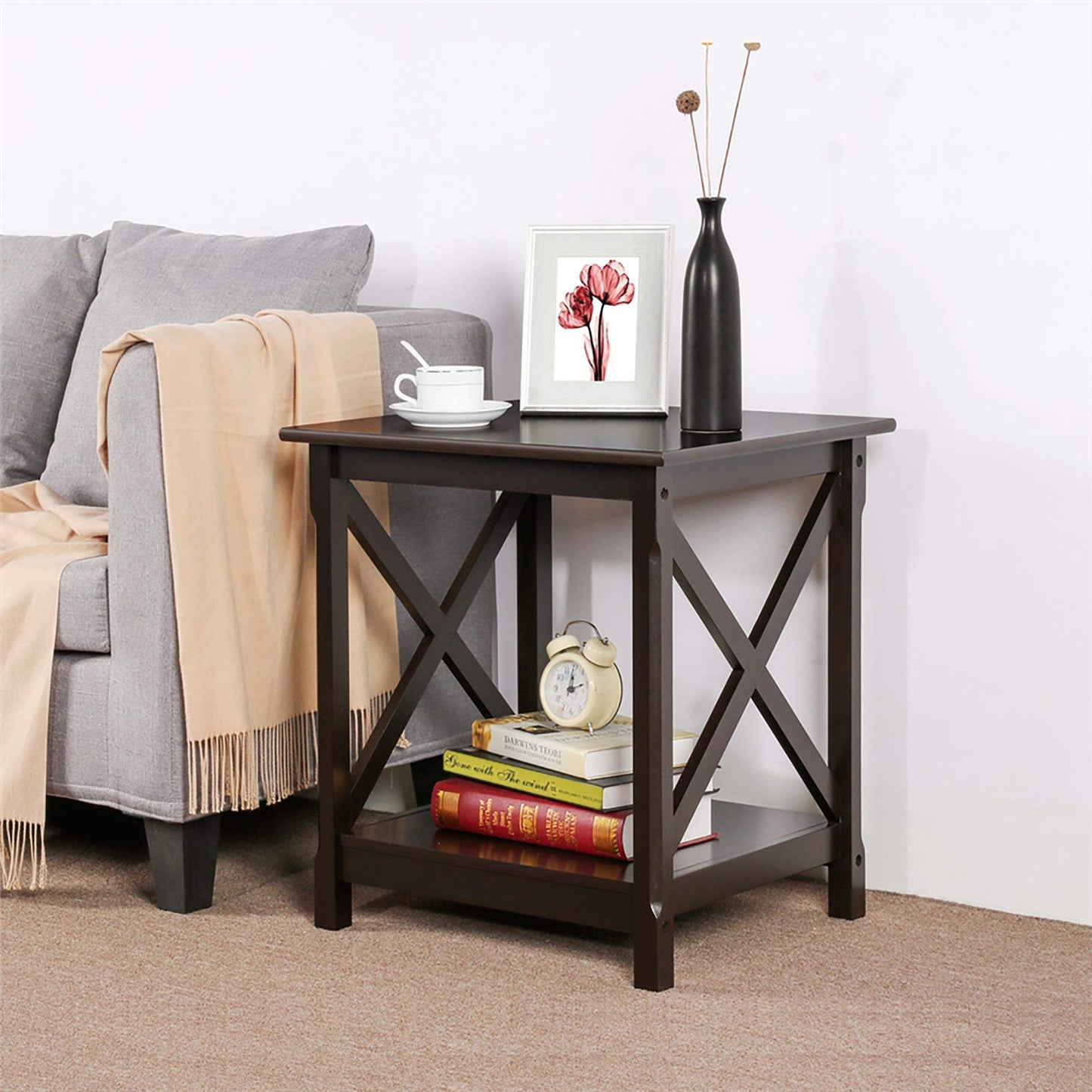 Yaheetech X Design End Table with 2-Tier Storage Shelf, Pine Wood Legs Simplistic Design Sturdy Sofa Side Table with Storage for Living Room Small Space, Dark Coffee