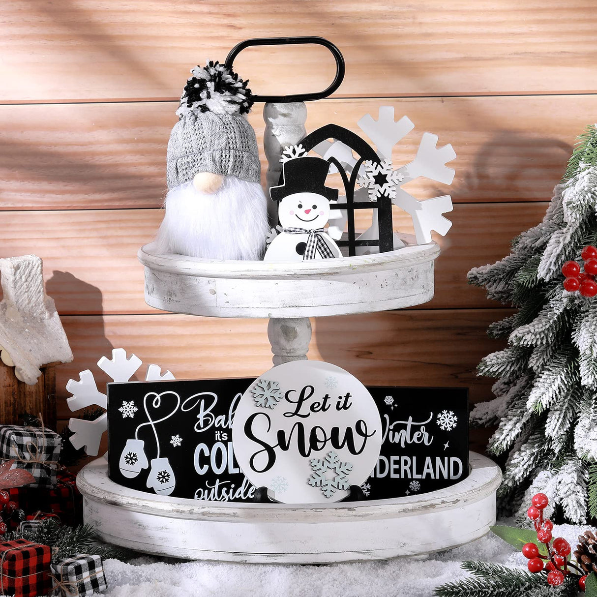 Yalikop 10 Pieces Christmas Farmhouse Winter Decor for Tiered Tray, Rustic Wooden Farmhouse Table Signs for Home Table Decoration Gift, Snowflake Style Yalikop