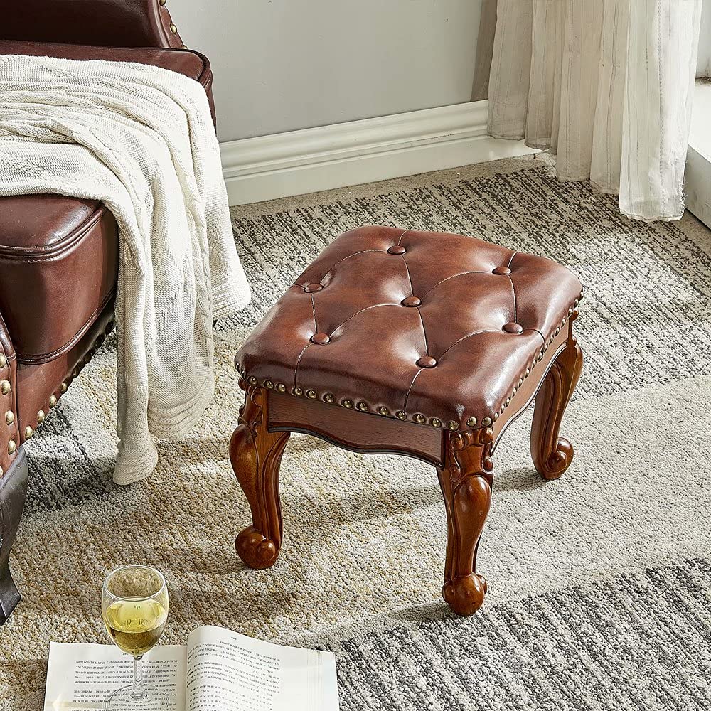 ZIRKOOON Wooden Foot Stool Square Rubberwood Ottoman Footrest Leather Cushion Sofa Stool for Living Room, Bedroom, Simple Assembly (Brown) ZIRKOOON