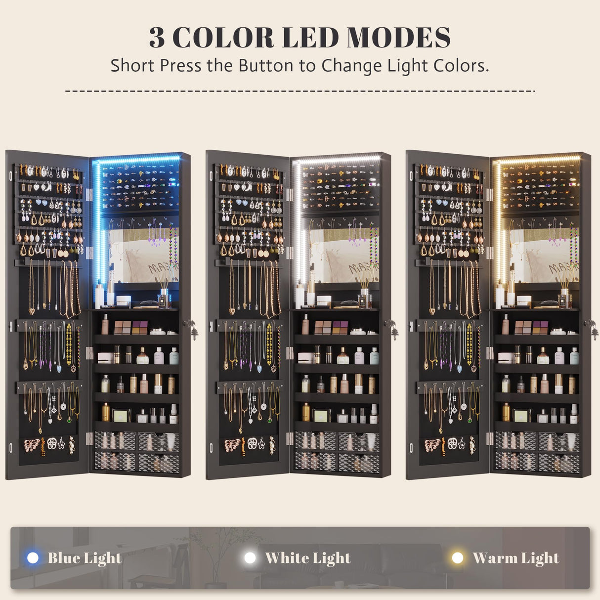 Vlsrka 47.2" LED Jewelry Mirror Cabinet, Wall/Door Mounted Hanging Jewelry Armoire Organizer with Full-Length Mirror, Large Storage Cabinet, 4 Drawers, 5 Shelves, Built-in Lighted Mirror (Black) Vlsrka