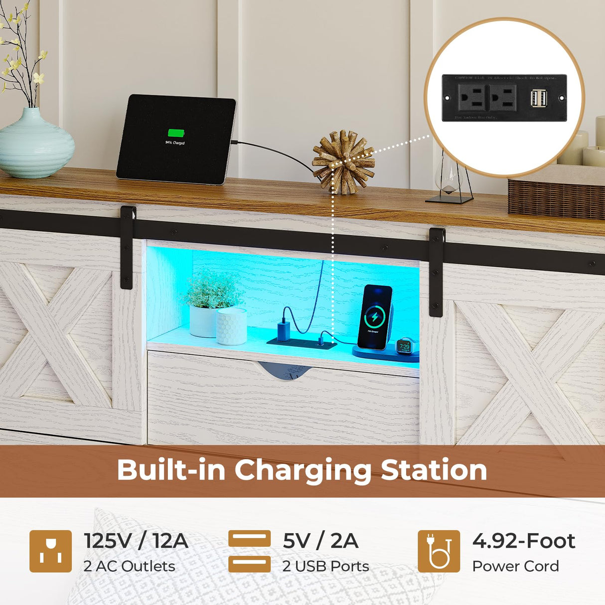 Hasuit Farmhouse Bed Frame Twin Size with 2 Storage Drawers, Wooden Platform Twin Bed with LED Lights and Charging Station, Rustic Accent Headboard with Sliding Barn Door Storage Cabinets Hasuit