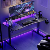 GTRACING Gaming Desk with LED Lights, 55 Inch Large Computer Gamer Desk with Monitor Stand & Power Outlet, Ergonomic Carbon Fiber Surface Gaming Table with Mouse Pad for Home Office, Carbon Black GTRACING