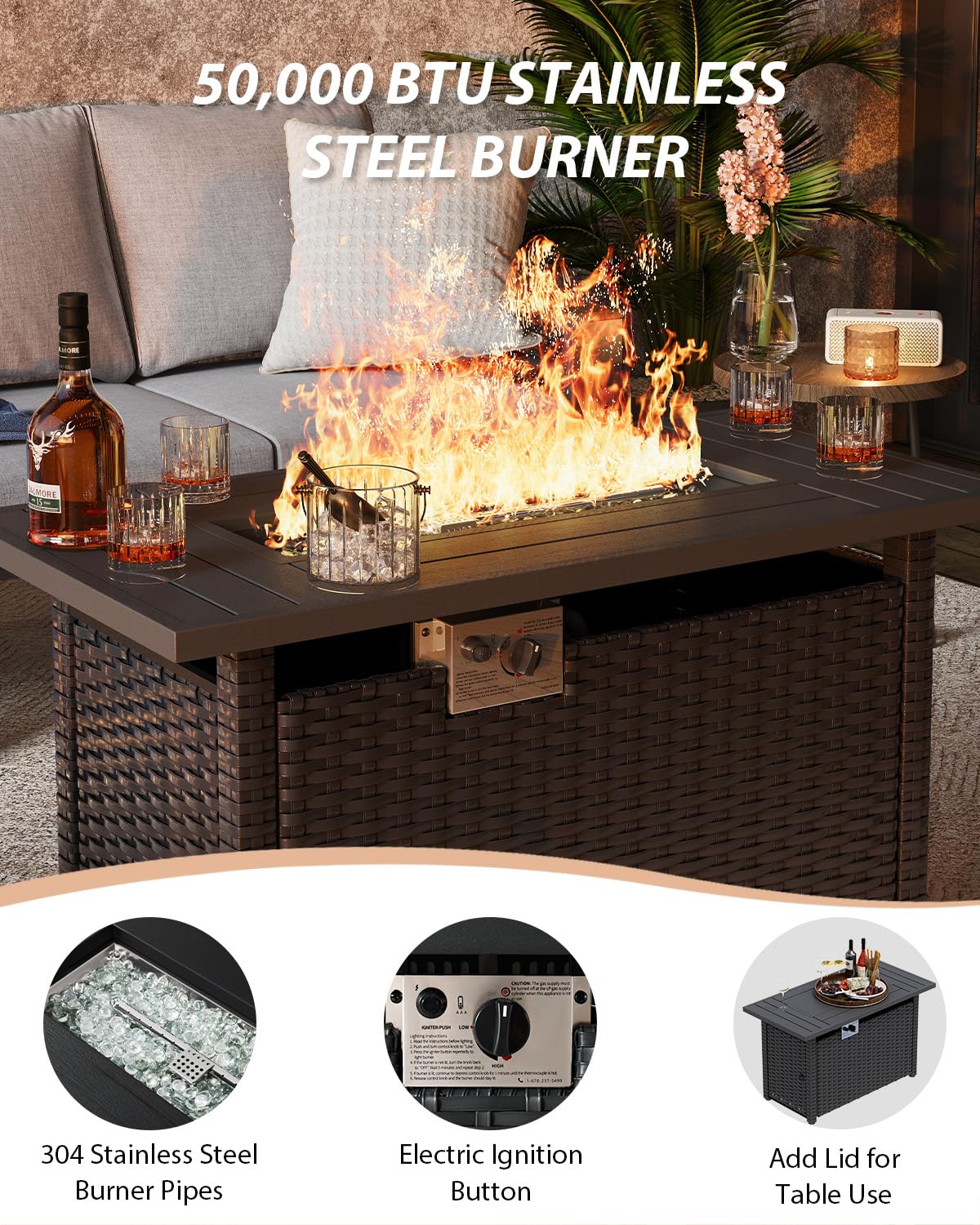 Aoxun Aluminum Outdoor Patio Furniture Set, 7 Seats Outdoor Sectional with Fire Pit Table, Patio Conversation Sets with Upgraded Armrests and Cushions for Backyard, Garden and Poolside（Grey） Aoxun