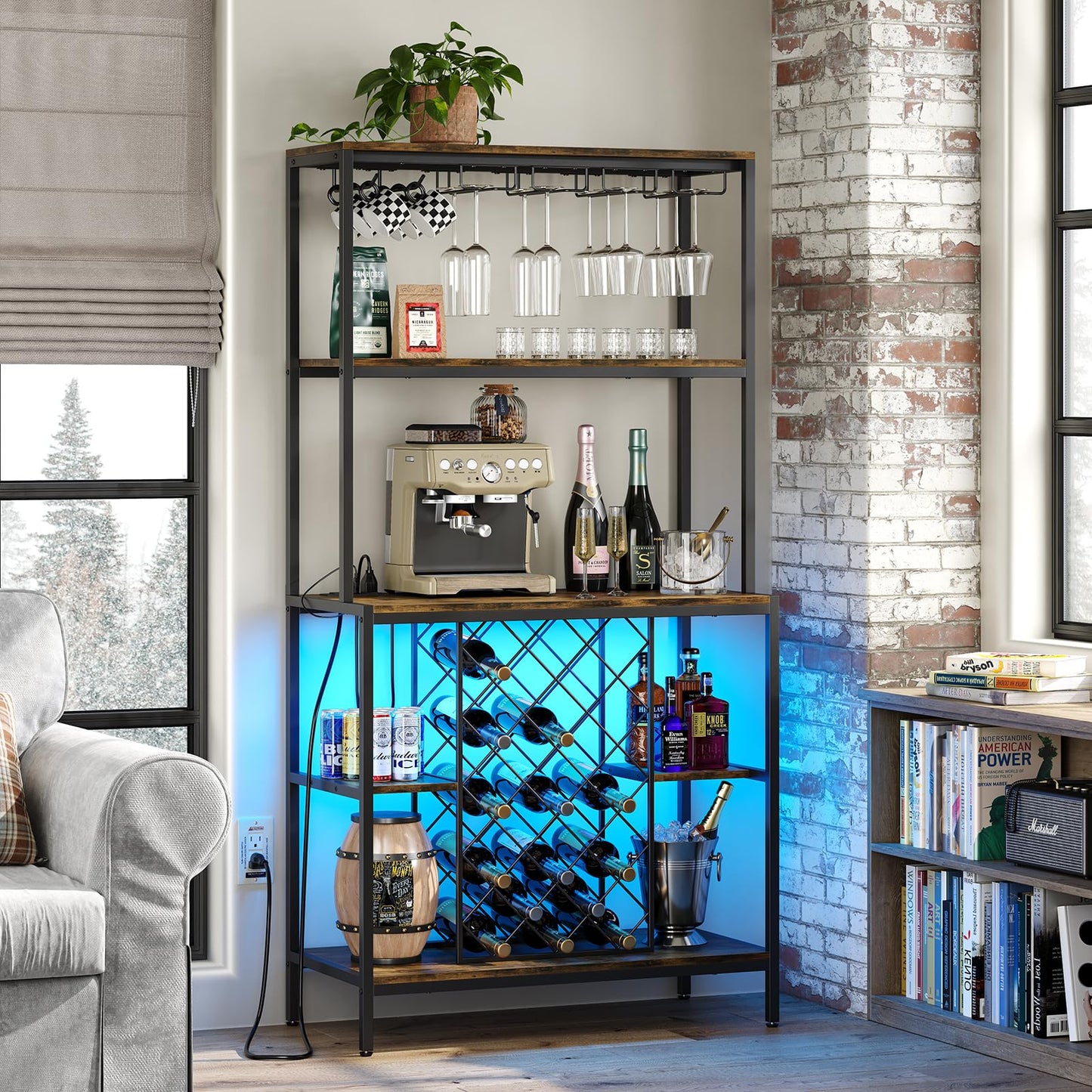 furomate Wine Cabinet with Power Outlets & LED Lights, 5-Tier Industrial Wine Bar Cabinet with Glass Holder, Home Bar Furniture, Wine Ranks for Liquor and Wine Storage, Rustic Brown - WoodArtSupply