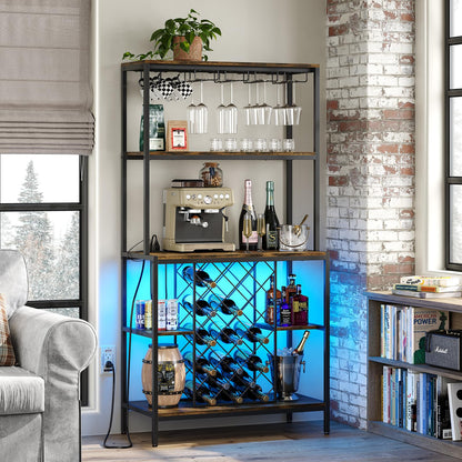 furomate Wine Cabinet with Power Outlets & LED Lights, 5-Tier Industrial Wine Bar Cabinet with Glass Holder, Home Bar Furniture, Wine Ranks for Liquor and Wine Storage, Rustic Brown - WoodArtSupply