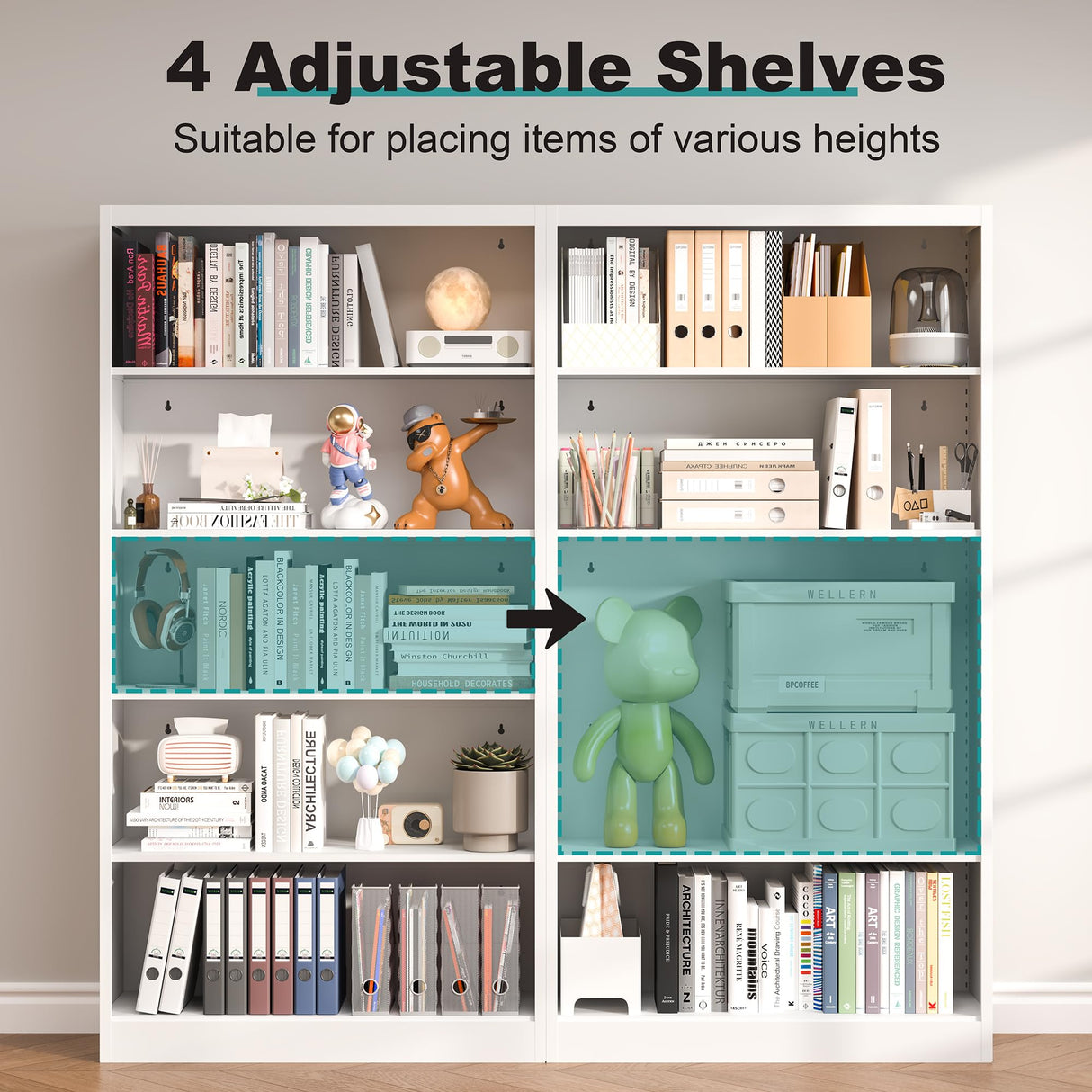 RpAosd 66" Tall Bookcase, 14" Deep 5-Tier Bookshelf with Adjustable Shelves, White Metal Bookshelves with Large Capacity, Heavy Duty Book Shelf for Storage, Library Bookcase Home Office, School RpAosd