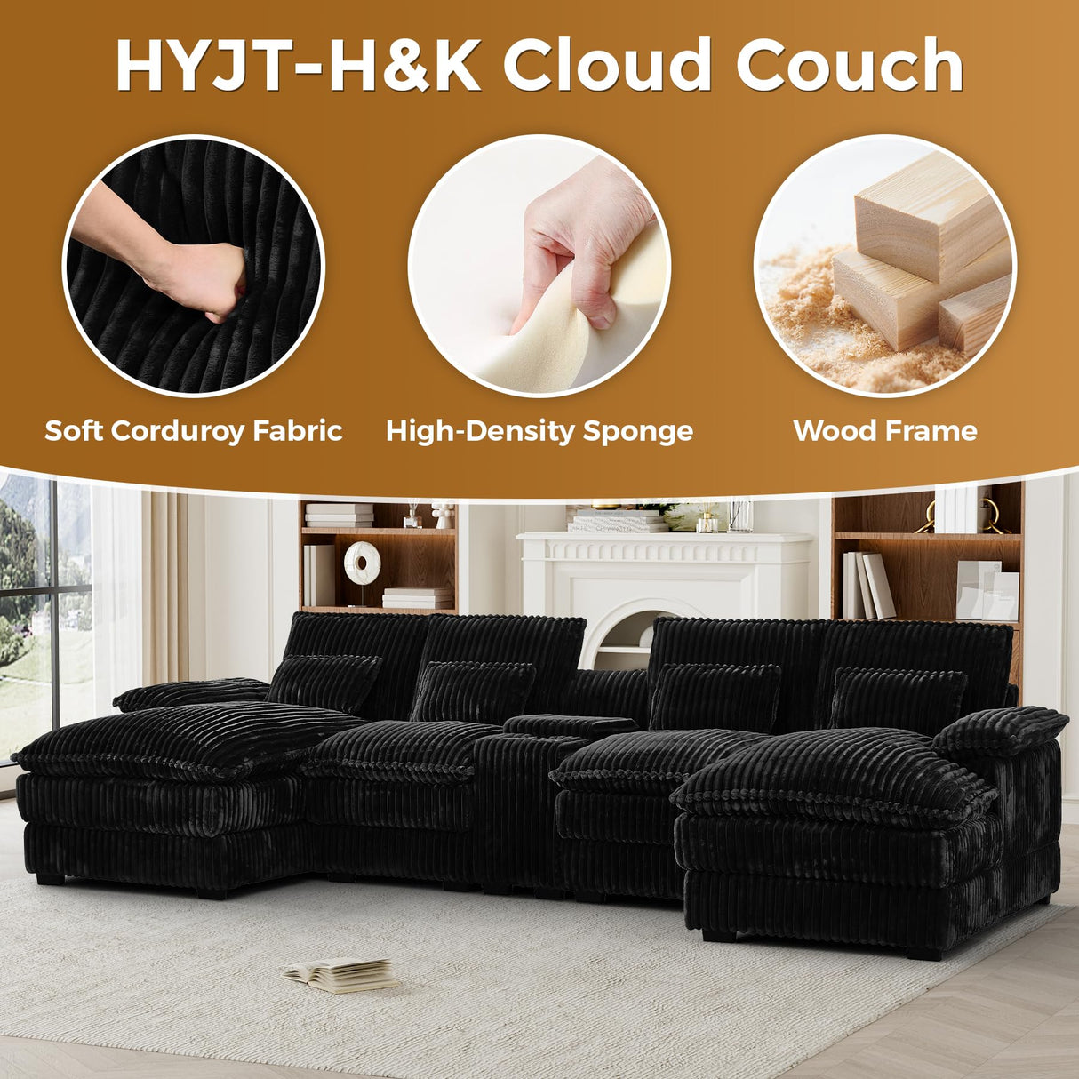 HYJT-H&K 124" U Shaped Cloud Couch Sectional, Comfy Fluffy Plush Corduroy Black Sectional Couches for Living Room, Modern Modular Corduroy Couch Sectionals with Central Console & Double Chaise Lounge HYJT-H&K