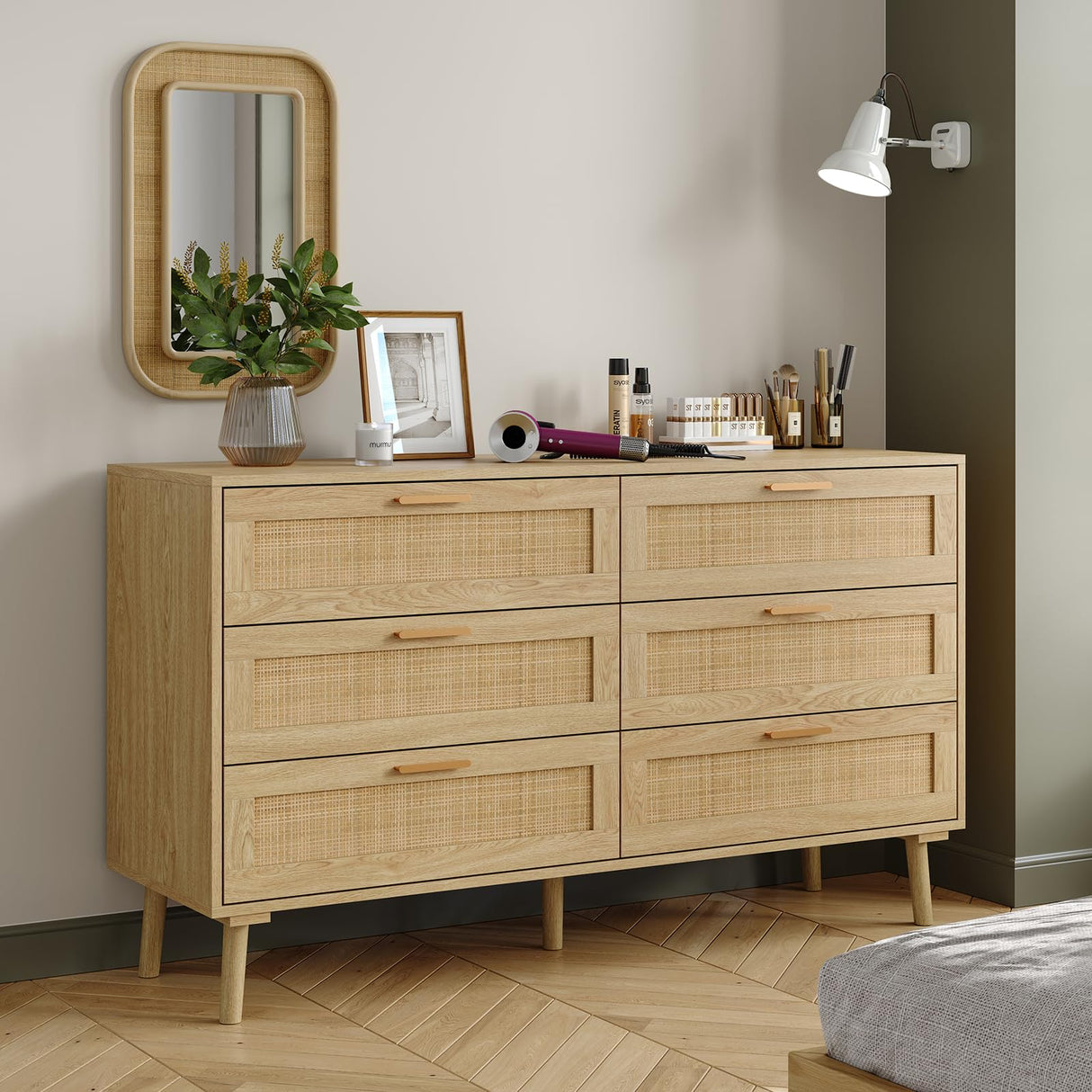 Furniouse 6 Drawer Double Dresser for Bedroom, 47.3" Rattan Chest of Dressers with Storage and Gold Handle, Natural Rattan Dresser for Living Room, Hallway, Entryway Furniouse