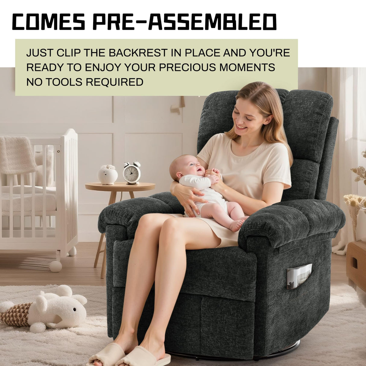 Korser Recliner Chair, Swivel Rocker Recliner Chair for Adults, Small Recliners for Small Spaces, Upholstered Manual Recliner with Side Pockets, Nursery Rocking Chair for Living Room, Chenille, Black Korser