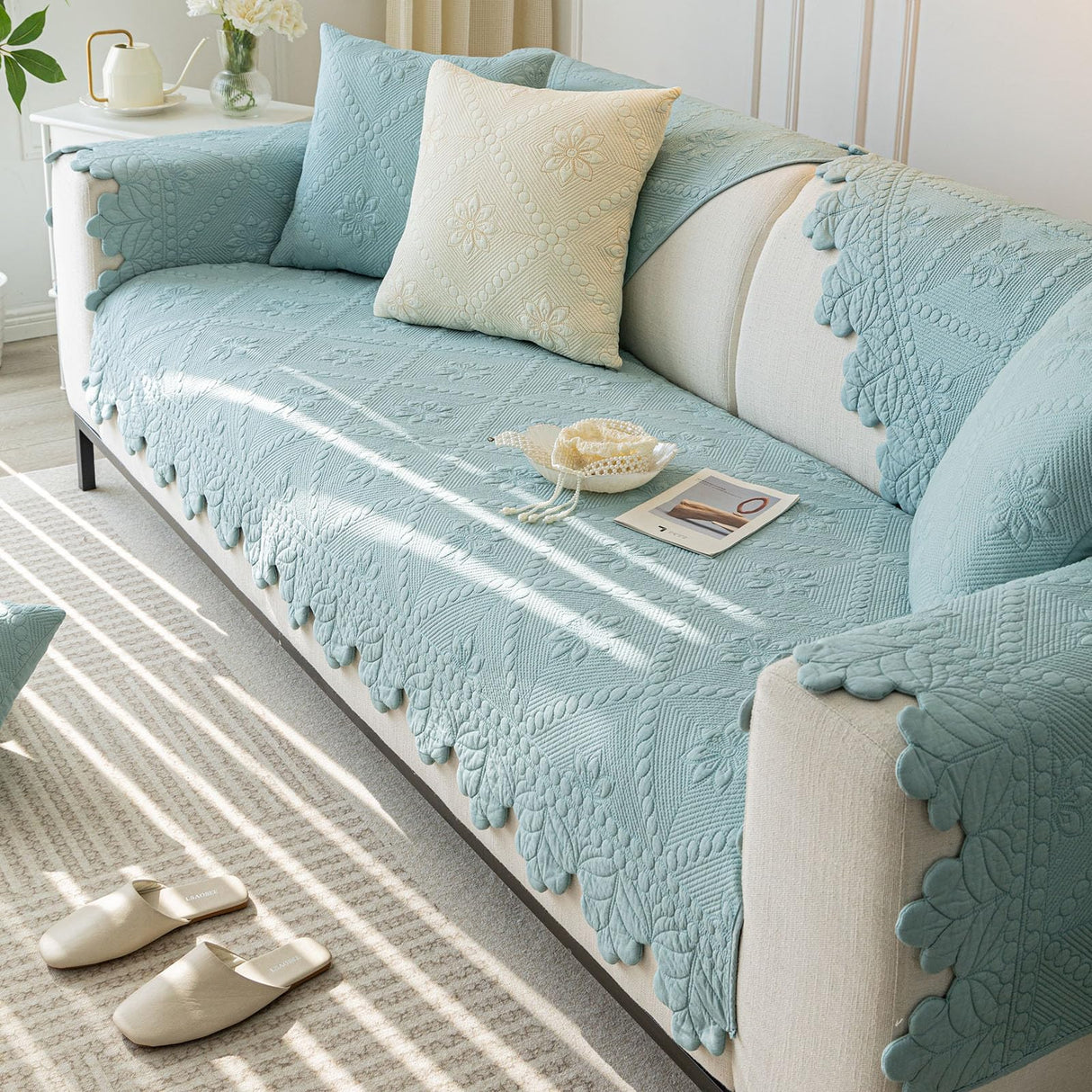 XSlive Cotton Quilted Dog Couch Cover for Sofa Farmhouse Rustic Embroidery Sectional Couch Cover Soft Anti-Slip Sofa Slipcover Furniture Protector for Kids, Pets (Blue,28"x28") XSlive