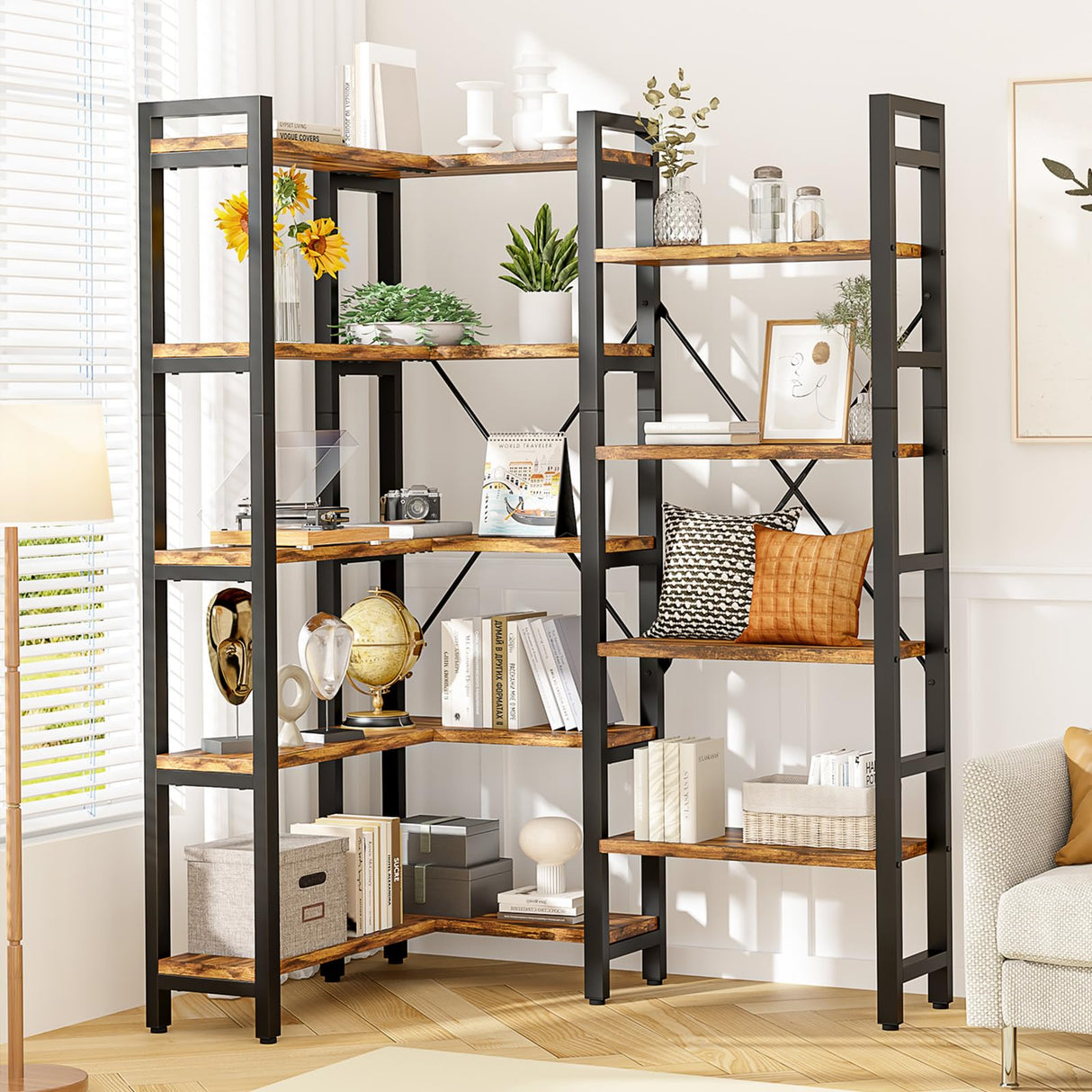 oneinmil Triple Wide 5-Shelf Bookcase Industrial Vintage Wood Style Large Open Bookshelves for Home&Office, Rustic Brown (5 Tier, Rustic Brown) oneinmil