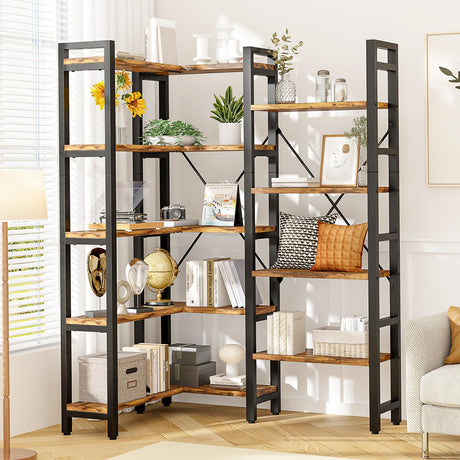 oneinmil Triple Wide 5-Shelf Bookcase Industrial Vintage Wood Style Large Open Bookshelves for Home&Office, Rustic Brown (5 Tier, Rustic Brown) oneinmil