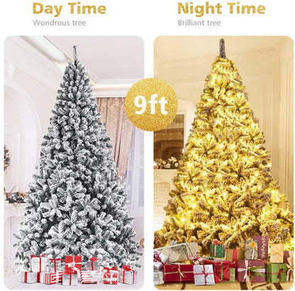 BANGTANE 9FT Snow Flocked Christmas Tree, Artificial Faux-Pine Xmas Tree with Premium PVC Needles, Foldable Metal Stand, Full Hinged Christmas Tree Holiday Décor for Indoor & Outdoor (9FT)