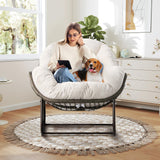 Large Indoor Rocking Chair, Oversized Rocking Papasan Chair with Thick Cushion and Frame,Comfy Corduroy Rocker Wicker Egg Chairs Lounge Reading Chair for Living Room, Bedroom, Apartment, White SLEERWAY