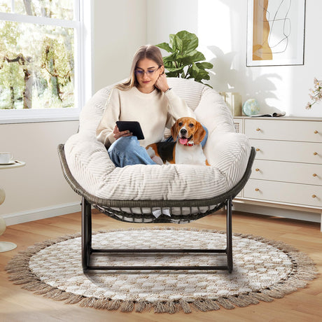 Large Indoor Rocking Chair, Oversized Rocking Papasan Chair with Thick Cushion and Frame,Comfy Corduroy Rocker Wicker Egg Chairs Lounge Reading Chair for Living Room, Bedroom, Apartment, White SLEERWAY