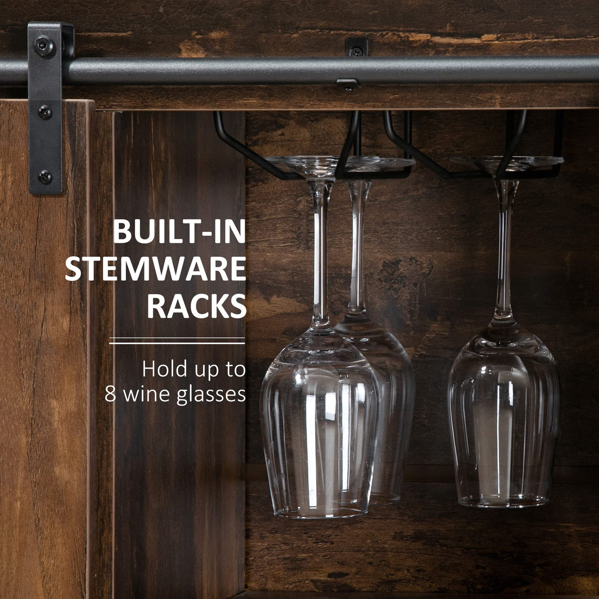 HOMCOM Industrial Sideboard Buffet Cabinet, Kitchen Cabinet with Sliding Barn Doors, Coffee Bar Cabinet with Stemware Racks, Drawer and Adjustable Shelves, Rustic Brown HOMCOM