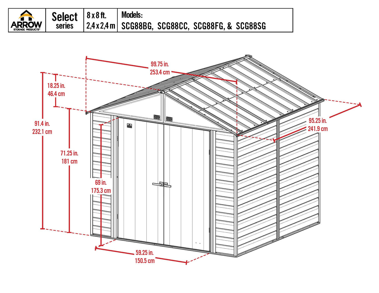 Arrow Sheds 8' x 8' Outdoor Steel Storage Shed, Light Grey Arrow